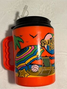 Vintage Betras USA Vintage 52 oz Summer Fun Neon Orange Giant Travel Mug 9"
